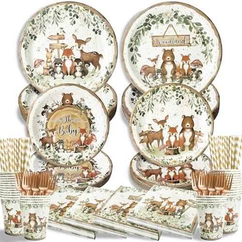 300Pcs Woodland Baby Shower Party Supplies - Serves 50 Guests, Safari Jungle Animal Party Decorations Include Plates and Napkins, Cups, Straws, Forks