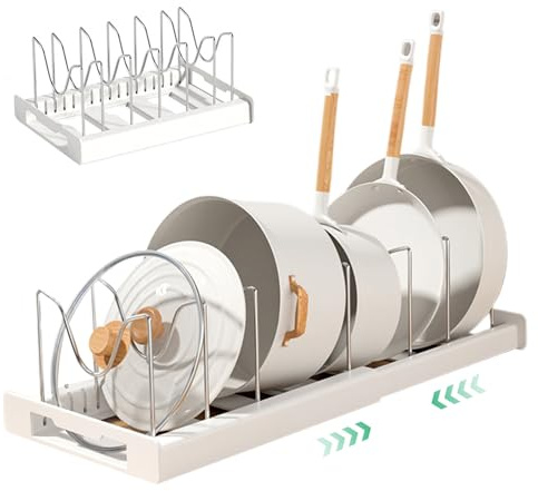 Muzrunq Organizador de olla y sartén, soporte de tapa de olla expandible con 7 compartimentos ajustables, organizador de estante de almacenamiento en forma de U, sartén para salvar el espacio.