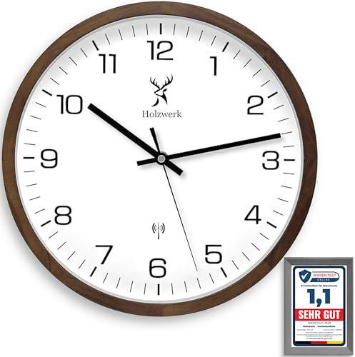 Holzwerk Germany Natural Wooden Radio-Controlled Wall Clock Wooden Clock Vintage Radio Controlled Clock Silent Movement without Ticking Noises Brown White Silent Made of Handmade Solid Wood Natural 30