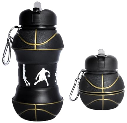 Eabdice Botella de Agua de Baloncesto 550ml, Balón de Agua Compacto, Botella Agua Silicona Diseño Deporte, con Llavero, Plegable, Libre de BPA, Niños, Niñas y Adultos
