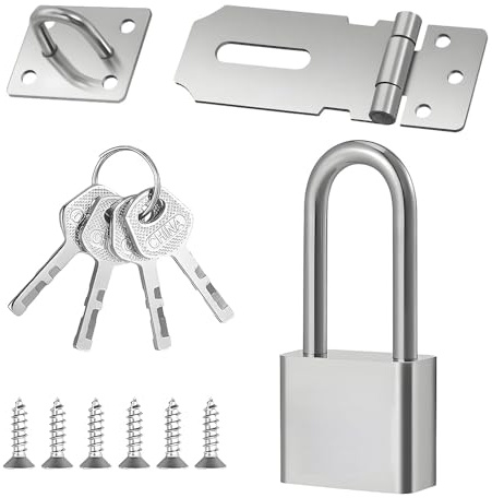 Padlock Hasp Kit, Door Hasp and Staple with Padlock | Duty Hasp and Staple Door Clasp Gate Latch Stainless Steel Door Lock with Keys and Screws for Bedroom Garden Shed(Silver)