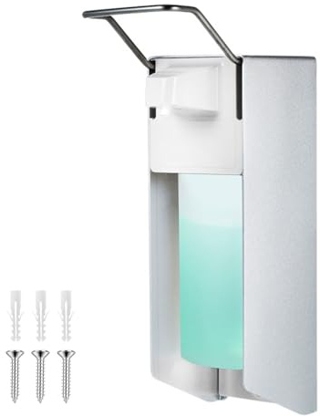 Wall Mounted Soap Dispenser, Euro Dispenser 500 ml Disinfectant Dispenser Wall Aluminium Soap Dispenser Wall Mount with Elbow Print for Hand Soap and Disinfectant, White, Aluminium