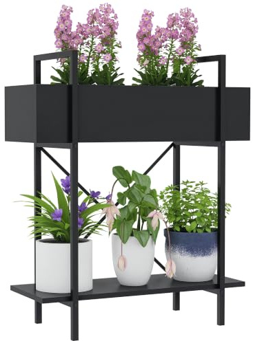 Outsunny Support Plantes Interieur 2 Niveaux Métal Trous Drainage Noir | Plateau Supérieur, Support Pot de Fleur, pour Intérieur, Extérieur, Salon, Patio