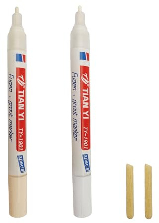 Canollo 2 lápices para juntas de color blanco y beige, para azulejos, lechada de baño, resistente al agua, lápiz blanco para juntas de baño con punta de repuesto, lápiz de reparación de azulejos para