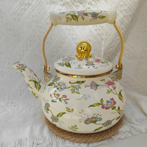 Tetera esmaltada vintage, tetera esmaltada floral, tetera de porcelana esmaltada silbante, tetera turca de agua caliente con mango frío para estufa de cocina