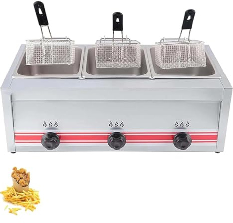 Friteuse à Gaz 10/20/30 L avec Paniers et Couvercle, Friteuse Professionnelle en Acier Inoxydable Robuste Fonctionnant, Contrôle de Température Réglable, pour Frites, Beignets, Poisson,30L