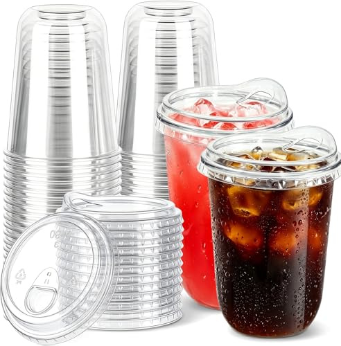 YISIZES 50 Pack 480ML Clear Plastic Cup with Sip Lids, Thickened Iced Coffee Cups for to Go Cold Drinks Latte Juice Smoothie Slushie Milkshake for Drink Shop Parties Events, Leakproof & BPA-Free