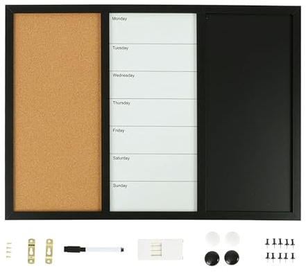 Relaxdays Pizarra combinada 3 en 1, altura x ancho: 50 x 70 cm, pizarra blanca, tablón de anuncios, pizarra de tiza, accesorios, pizarra magnética, multicolor