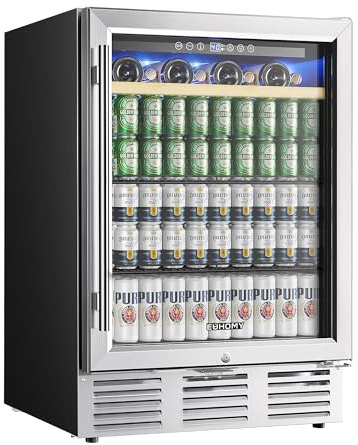 EUHOMY 24 Inch Wine and Beverage Refrigerator, 112 Cans & 8 Bottles Built-in or Freestanding Beverage Refrigerator Double-Layer Glass Door, Under Counter Wine Fridge for Kitchen, Bar, Office