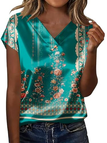 Leaomuny Camicia Raso Donna Fantasia Vintage Slim Fit Camicetta Elegante Taglie Forti Maniche Corte Tops Curvy Scollo a V Blusa Eleganti Blouses Oversize Seta Estiva per Casa Shirt Cerimonia Camicie