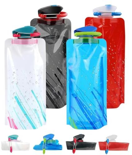 4 Pcs botellas de agua plegables, 700ml Reutilizable Portátil Bolsa de Agua | Botellas de agua con mosquetón, sin BPA, Ultraligero y a prueba de fugas, para senderismo, aventura, viajes