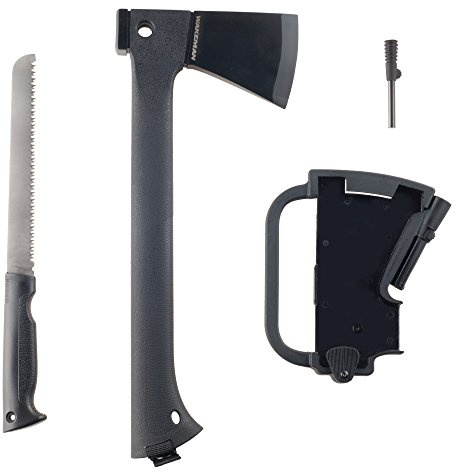 Camping Hand Axe and Survival Gear - Lightweight Hatchet with Nested Serrated Wood Saw Knife and Magnesium Fire Starter Tool by Wakeman (Black)