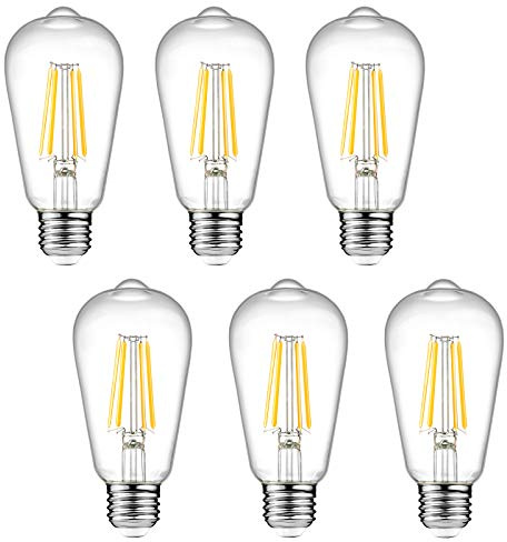 Ascher Dimmable Vintage LED Edison Bulbs, 6W, Equivalent 60W, 700lm, Warm White 2700K, 80+ CRI, ST58 Antique LED Filament Bulbs, E26 Medium Base, Clear Glass, Pack of 6