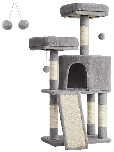 Feandrea Kratzbaum klein, Katzenbaum mit Kratzbrett, Plattformen, für Katze, weicher Plüsch, 115 cm, vollständig mit Sisal umwickelte Säule, hellgrau PCT141W01