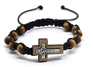 WE-HYTRE Pulsera de madera de pino con rosario ajustable, cruz de la suerte, nudo trenzado, joyas Saint Benedict de plata de ley 925 roja, verstellbar
