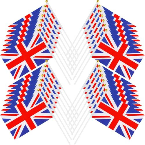 100 Pcs British Stick Flags British Union Flags 5 x 8 Inch Coronation Souvenir Decorations Handheld Mini UK Flag White Red Blue Hand Waving Flag with 12 Inch Plastic Pole Spear Tip