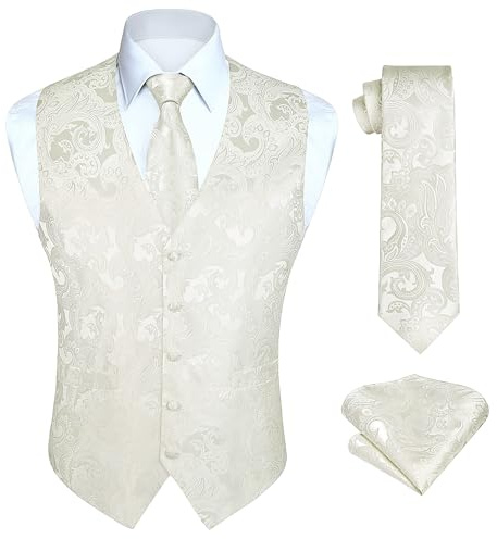 HISDERN Chalecos de boda para hombres Chalecos de Paisley para hombres Corbata de jacquard floral Pañuelo cuadrado de bolsillo Traje de chaleco de ajuste de negocios de boda Conjunto S