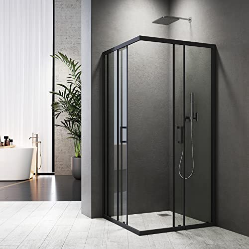 Eckdusche Schiebetür 80x80x185cm, Schwarz-Matt Eckeinstieg, Doppel Schiebetür 6mm ESG Glas, Duschabtrennung