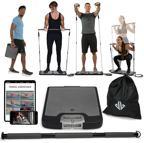 EVO Gym – Tragbares Krafttrainingsgerät für zu Hause, Fitnessstudio; All-in-One-Fitnessstudio; Widerstandsbänder, Basis hält Turnstange und Griffe für Reisen | Tragbares Fitness- und