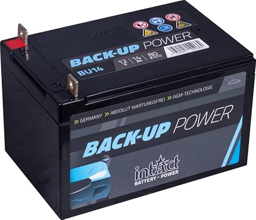 intAct AGM Zusatzbatterie 12V 14Ah 80A, wartungsfreie AGM Backup Batterie, ideal als PKW Stützbatterie für Hifi-Systeme und weitere Zusatzfunktionen, Maße (LxBxH): 151x98x101mm, Pluspol links