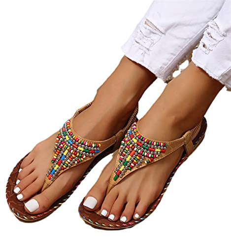 Sandales Bohême Avec Perles 2023 Nouvelles Tongs Plates for Femmes Sandals D'été À Séparateur D'orteils Sandales Romaines En Cuir PU Chaussures De Plage À Bout Clip for Étudiants ( Color : Brown , Siz