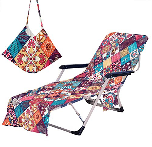 Highdi Schonbezug Liegestuhlauflage, Mandala Patchwork Schonbezug für Gartenliege, Strandliegenauflage mit Taschen, Mikrofaser Handtücher für Strandliegen Liegestuhl (75x210cm,Vintage rot)