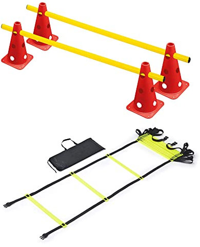 RHINOS sports Agility Trainings-Set | Koordinationsleiter 4m inkl. Tasche + Steckhürdenset 2er | 4 rote Kegel: 22,5cm | 2 gelbe Stangen: 1m