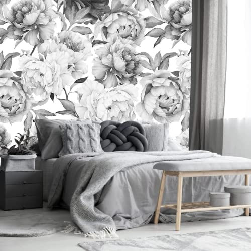Papier Peint Panoramique Fleur De Pivoine Noire Et Blanche Papier Peint 3D Intissé Decoration Murale Chambre Salon