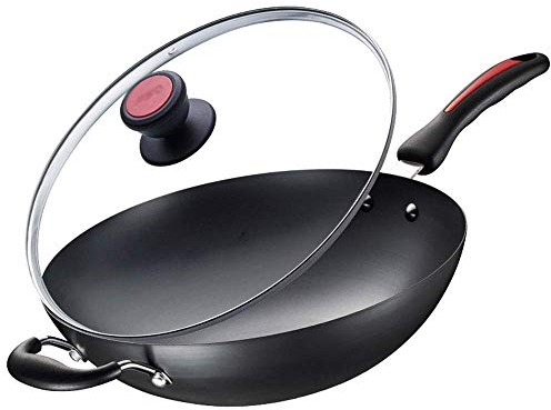 OQHAIR Wok - Poêles à Frire avec Couvercle, Panier à Frire et Grille Vapeur, poêle Wok en cuivre antiadhésif avec Couvercle, Wok en céramique avec Couvercle, Fond Plat antiadhésif pour wo