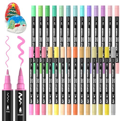 Shuttle Art Dual Tip Acrylic Paint Pens, 28 Pastel Colours Fine & Brush Paint Marker Pens, Paint Pens for Rock Painting, Ceramic, Wood, Fabric, Art Marker Pen Set for Kids Adults on Christmas Easter