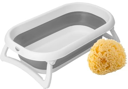 Bundle aus Rotho Babydesign Baby Badewanne Faltbar 2 Go, Für Babys ab 0 Monaten, 82 x 48,5 x 22 cm, Grau/Weiß, + Rotho Babydesign Mittelmeerschwamm, Naturprodukt, Durchmesser: 9-10 cm, Gelb