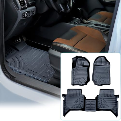 JHCHAN 3D Auto Fußmatten für Ford Ranger 2012-2022 T6 T7 T8, Passgenaue TPE Allwetter Fußmatten Set mit hoher Rand, rutschfest geruchlos, Waschbar Schwarz (Linkslenker Doppelkabine)