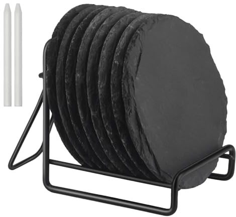 Poeland Schiefer Untersetzer Set (8 Stück) inkl. Kreidestift – Dekorative Glasuntersetzer aus 100% Natur Schieferplatten (rund | 10x10 cm)