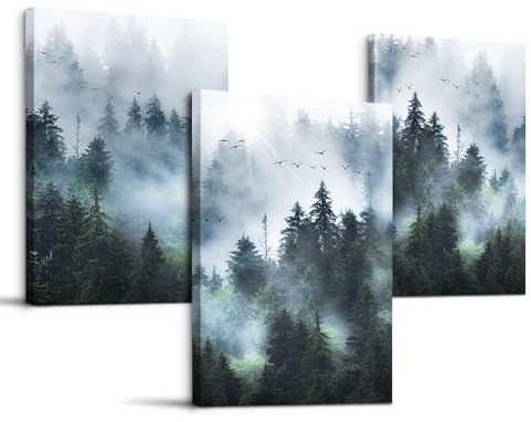 MHARTK66 Quadro Foresta Nebbia Uccelli Moderni Soggiorno, Quadri luce del Sole Attraverso gli Alberi Immagini da Parete, Decorazioni Camera Da Letto Bagno Cucina Ufficio Sala Da Pranzo