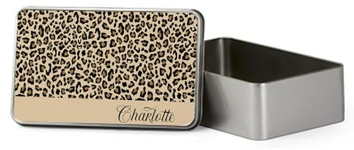 Getagift Personalised Cheetah print Tin Custom Name, Leopard Print, Animal Print, Back To School Gift, Portable Metal Tin Box, Storage Box. (Rectangular)