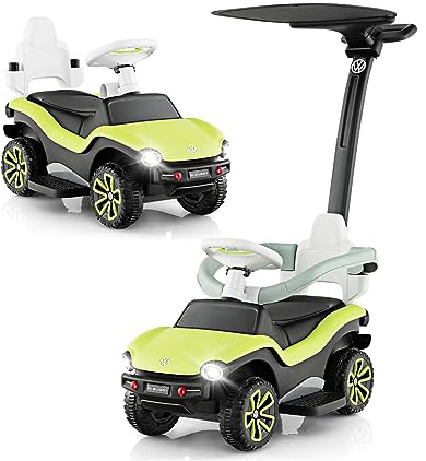 COSTWAY 3 in 1 Volkswagen Rutschauto, Schiebeauto mit verstellbarem Schiebegriff & Sonnendach, Rutschfahrzeug mit Musik & Hupe & Licht, Spielzeugauto für Kinder ab 1 Jahr