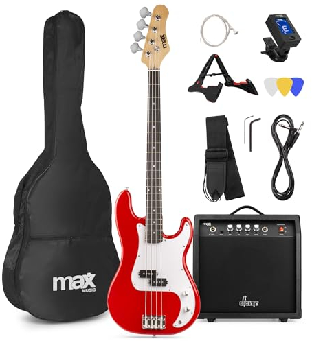 MAX GigKit Bassgitarre Set, E Bass Gitarre, Bass Guitar mit Gitarrenverstärker, Tasche, Stimmgerät, Plektren, Ständer, Gurt, Kabel und Ersatzsaiten - 21 Bünde - Rot