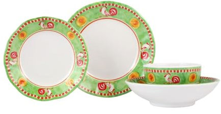 Vietri Melamine Campagna Gallina - Juego de vajilla italiana de 4 piezas con cuencos de cereales y pasta y platos de ensalada/cena, inastillable