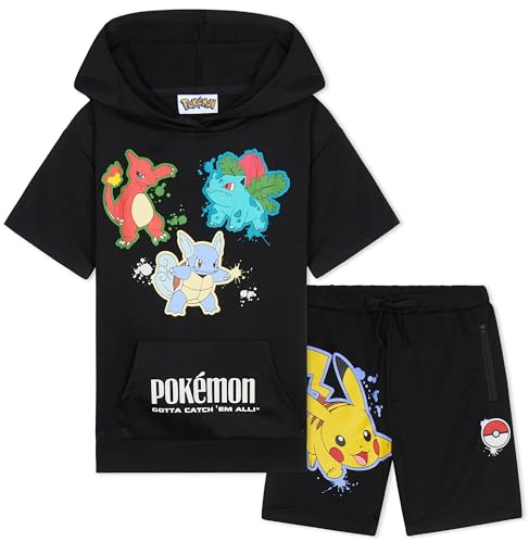 Pokemon Hoodie Shorts Tracksuit Set Boys 2 Pcs Pikachu Teenagers Anime Summer Short Sleeved Hooded Sweatshirt Zipped Pockets Sports Casual Activewear