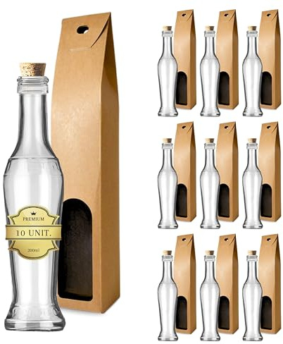 Espirito Rebelde 10x Bottiglie di Vetro 200ml con Tappo in Sughero + 10 Scatole - Bottiglia Elegante per Liquori - Ideale per Bomboniere e Cocktail