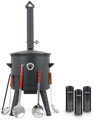 Gusseisen Kazan 16 L Kasan Казан mit Feuerofen Utschak Ø 44 cm runder Boden Thermometer Schöpfkelle Schaumlöffel für Plov Verlängerungsrohr Учак Учаг Uchag Asia (Set 5)