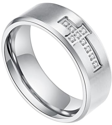 Flongo Herren Kreuz Ring Silber: Edelstahl Herrenring 8mm Ringe mit Cross Strass Vintage Silberring Jesus Gebetsschmuck Punk Christliches Kreuz mit Diamanten Zirkonia Geschenk für Damen Männer