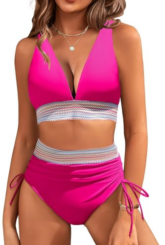 RITOSTA Dam Baddräkt Hög Midja Tvådelad Sexig Hav Bikini Med Dragsko Kostymer Push Up Vadderad V-ringning BH Badkläder Strandklänningar Tankini Sommar Strandkläder, Rosa röd, L