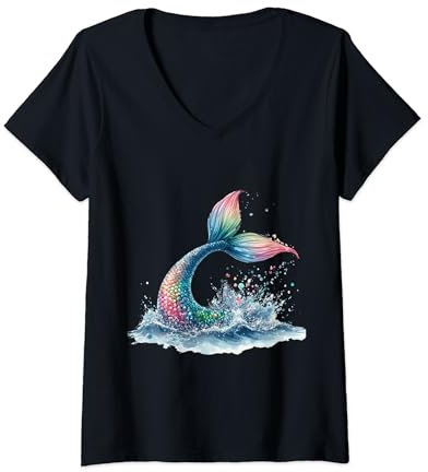 Damen Meerjungfrau Ocean Splash Regenbogen Schwanz Meer Meerjungfrauen Flosse T-Shirt mit V-Ausschnitt