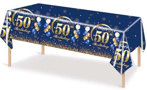 MORAINJAY 50. Geburtstag Tischdecke, 137x274cm Blau Mit Gold für Mann Frau, Rechteckige Tischdecke für Party Deko