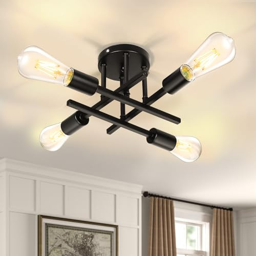 SERBASIC Sputnik Ceiling Light Ceiling Lights Fittings with E27 Base,Black Modern Chandelier for Farmhouse Kitchen Dining Room Bedroom Study Living Room(No Blub),4 Light