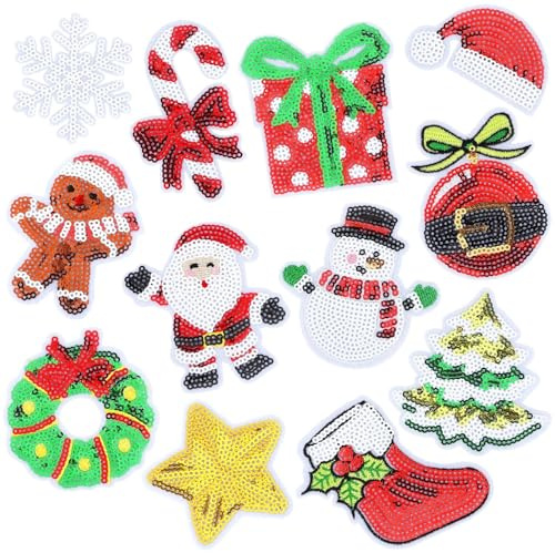 12 Stück Weihnachten Bügelbilder Pailletten Xmas bestickt Nähen Applikation Reparatur Patch Glitzer Weihnachtsmann Weihnachtsbaum Zuckerstange DIY Handwerk für Kleidung Jacke Jeans Hosen Kleid