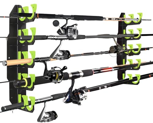 BOOSTEADY Fishing Rod Holders Holds Up to 10 Rods,Fishing Rod Rack for Garage,Fishing Pole Holders, Wall or Ceiling Mounted Fishing Rod Rack,Fishing Gear Gifts for Men-Green
