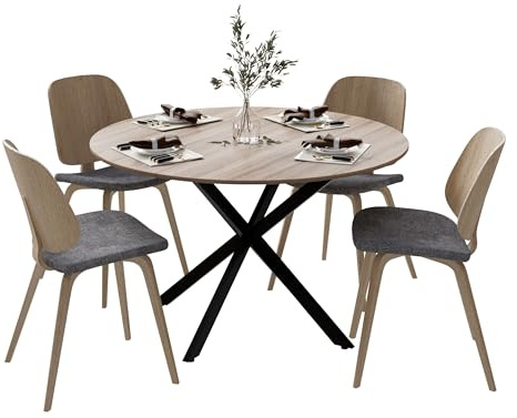 MSFE Wooden Round Dining Table, 120cm Round Dining Tables for 4-6 People, Rustic Large Dining, Wooden Kitchen Table with Black Metal Legs and a Natural Walnut Finish (Table Only)