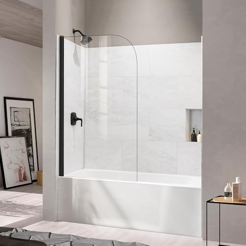 24 W x 62 H Frameless Bathtub Shower Door Bathtub Glass Panel Half Shower Door 5/16 (8mm) Easy Clean Clear Tempered Glass Single Fixed Bath Shower Wall Tub Screen (Matte Black)
